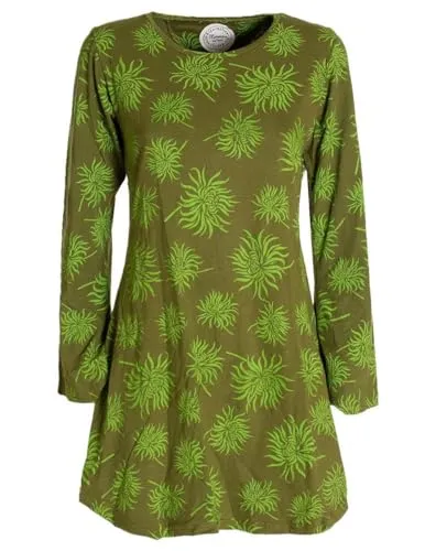 Vishes - Alternative Bekleidung - Langarm Damen Blumen-Tunika Shirt-Kleid Glockenärmel Baumwolle Olive 44