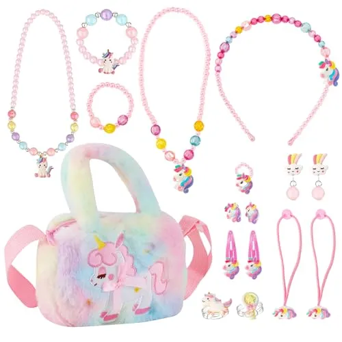 DALAETUS 17 Stück Einhorn Handtasche Geschenk für Mädchen, Einhörnern Kinderschmuck Halskette, Armband, Ring, Haarspange, Einhorn Handtasche Schmuck Set, Rollenspiel Geburtstagsgeschenk