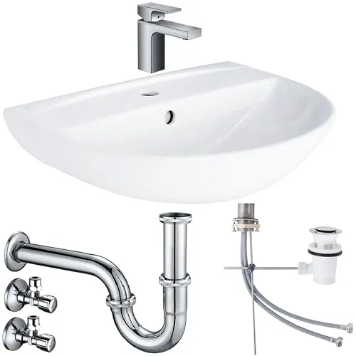 Belvit, Waschbecken Komplettset Tulpe 55 cm, Keramikbecken, Hansgrohe Armatur, Ablaufgarnitur, Siphon, Schell Eckventil, pflegeleichte Sanitärkeramik, komplett abgestimmte Komponenten, Weiß