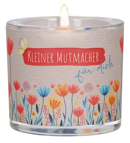 Butzon & Bercker Glaswindlicht mit Blumenmotiv Ø 6,5 cm – farbig bedrucktes Windlicht, Lieferung mit Teelicht, liebevolles Geschenk für Mut und Zuversicht, Geschenkverpackung: LichtMoment