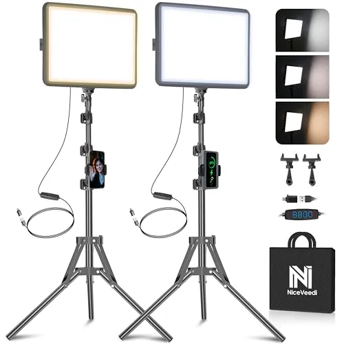 NiceVeedi 2 Stück LED VideoLicht Set, Dimmbar mit Stativ und Handyhalterung