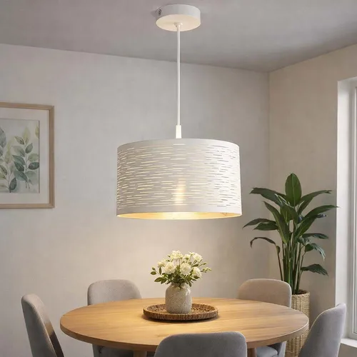 Hängeleuchte Pendellampe in Weiß, 1x E27 - Elegante Hängeleuchte mit rundem Schirm (Ø 38 cm) aus weißem Kunststoff und metallischen Akzenten. Individuell wählbare Leuchtmittel für perfekte Lichtstimmung – ideal für Wohnzimmer.
