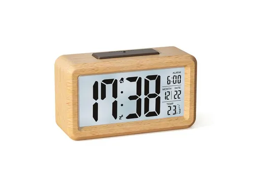 Minicloss Wecker Wecker Digital aus Holz mit Großem LCD-Display, Datum, Temperatur Automatischem Lichtsensor, Snooze-Funktion, Batteriebetrieben