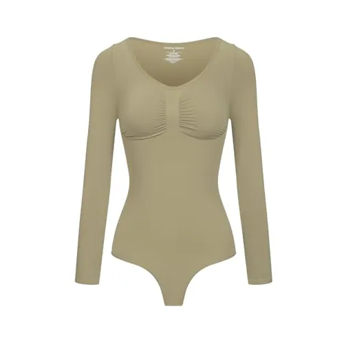 creamy fabrics Damen Figurformender Shapewear Bodysuit mit String – Longsleeve Body für unsichtbaren Sitz – Starke Kompression Bauch & Taille – Nahtlos mit Po-Lifting Effekt – Weiß S