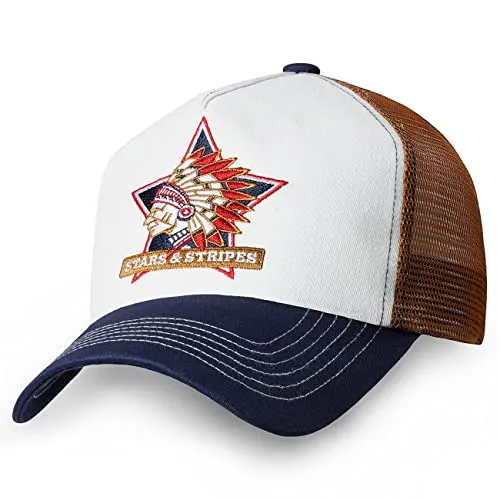 STARS & STRIPES Trucker Cap Indian – 3-farbige Western-Cap mit 3D-Bestickung - Baseball Caps für Herren mit einzigartigem 3-farbigem Design, atmungsaktivem Mesh und Snapback-Verschluss für perfekten Sitz und hohen Tragekomfort.