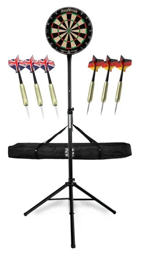 Stagecaptain DBS-1715 BullsEye Pro Dartscheibe Set - Dartscheibe aus Sisal mit höhenverstellbarem Stahlständer, inklusive Tasche und Zubehör für optimalen Spielspaß und einfachen Transport.
