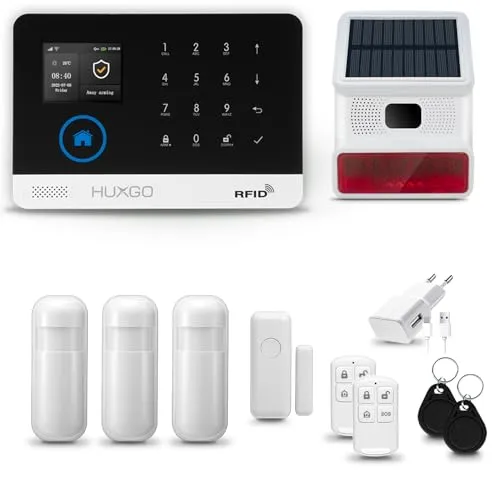 HUXGO® HXA003 Alarmanlage Haus WiFi + GSM 4G mit Funk Sirene Solar | Tuya Smartlife App | Alarm System mit Fenstersensor, 3X Bewegungssensor | Alarmanlage Wohnung, Garage | Smart Home Security