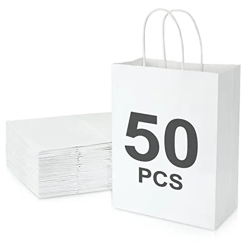 MIVIDE 50stk. Papiertüten Weiß, 21x11x27cm Papiertüten mit Henkel, Geschenktüten aus Kraftpapier für Geburtstagsfeier, Weihnachten, Geschenkverpackung, Einkaufstüten