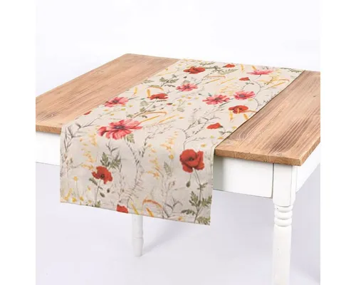 SCHÖNER LEBEN. Tischläufer SCHÖNER LEBEN. Tischläufer Poppy Mohnblumen Kamille Getreide beige ro, Digitaldruck