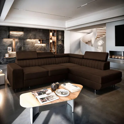 Masseno Ecksofa NOLA R-S mit Schlaffunktion - Sofa mit Bettkasten, elegantes Design und praktischer Stauraum für Bettzeug, ideal für Gäste und entspannte Momente im Wohnzimmer.