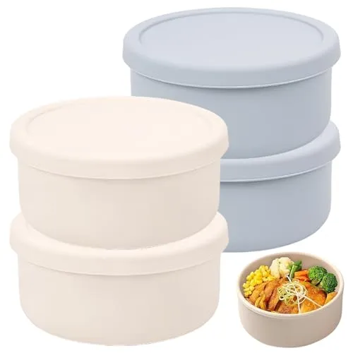 VEGOATY 4er Set Pizzaballenbox mit Deckel, Perfekt als Pizzabox Gärbox Teigbox Rund, 14,5x6,5cm Pizzateig Box mit Deckel, Faltbare Gärbox für Pizzateig, Anti-Haft-Silikon (Blaugrau und Weiß)