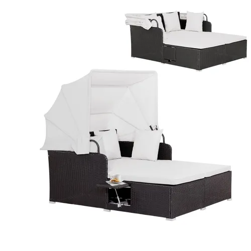 GOPLUS Rattan Lounge mit Sonnendach - Doppelliege für Garten & Terrasse - Gartenliegen aus wetterbeständigem Rattan mit einziehbarem Sonnendach und 360 kg Tragkraft, ideal für entspannte Stunden im Freien.