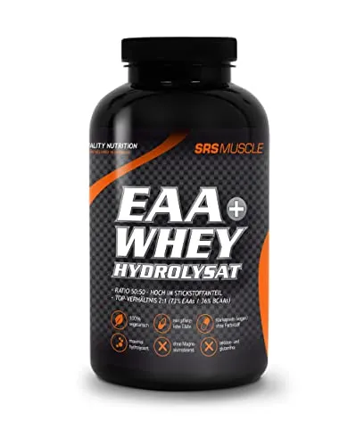 SRS Muscle EAA+Whey Hydrolysat 180 Kapseln - Molkenproteine mit 73% EAAs und 36% BCAAs, vegane Klarkapseln ohne Magnesiumstearat für optimale Muskelversorgung in deutscher Premiumqualität.