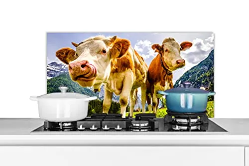 MuchoWow Spritzschutz Küche Küchenrückwand Alu Poster Bilder 90x45 cm Kühe - Berge - Gras - Landschaft - Alpen