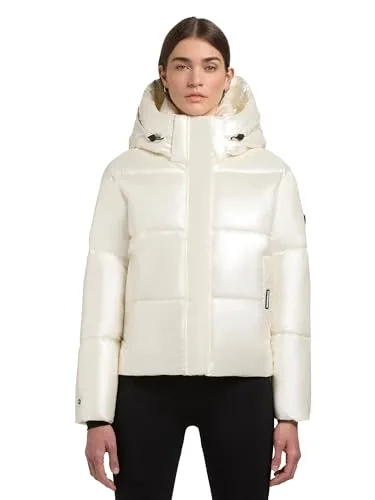 khujo Damen Winterjacke mit Kapuze warme Steppjacke kurz in glänzender Optik mit abnehmbarer Kapuze Devina Shiny-YM Off White Gr. S