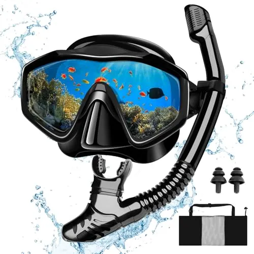 MILFECH Schnorchelset Erwachsene, SchnorchelnSet mit Taucherbrille und Trocken Schnorchel,Anti-Fog Anti-Leck Schnorchelmaske aus Gehärtetem Glas,für TauchenSchnorcheln Schwimmen,DrySchnorchel(Schwarz)