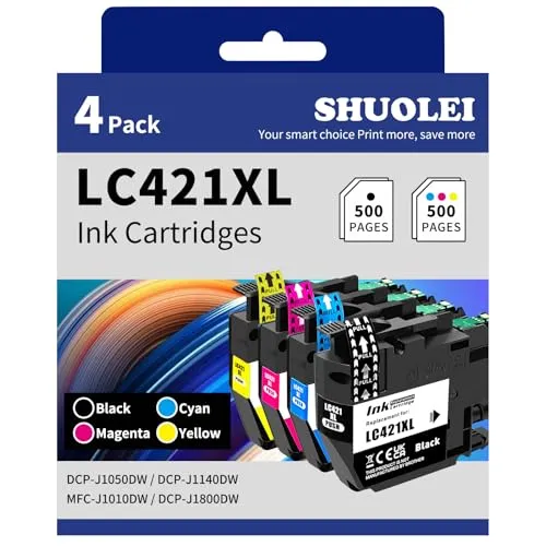 Produktbild SHUOLEI LC421XL Druckerpatronen Kompatibel mit Brother LC-421XL LC-421 Patronen Multipack Hohe Kapazität, für DCP-J1050DW DCP-J1140DW MFC-J1010DW DCP-J1800DW(4 Pack, Schwarz/Cyan/Magenta/Gelb)