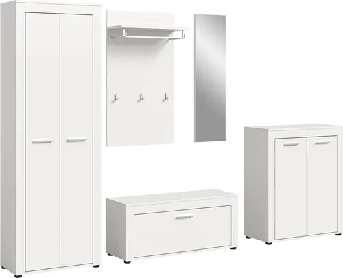 Garderobenkombination Weiß 285x191 cm - Hochwertige Garderobenkombination in Weiß, ideal für einen organisierten Eingangsbereich. Maße: 285 cm Breite, 191 cm Höhe. Profitieren Sie von einem 10€ Willkommens-Gutschein bei Newsletter-Anmeldung!