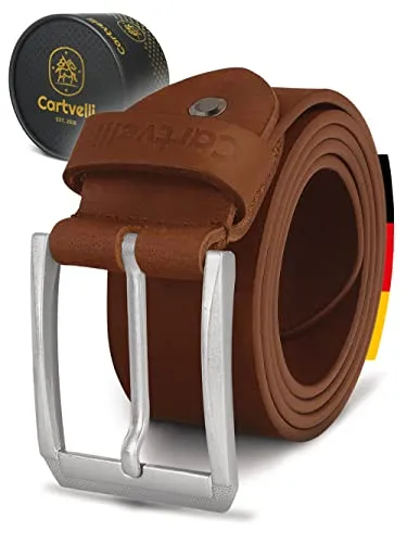 Cartvelli Herren Ledergürtel Braun Brandy 85cm - Hochwertiger Echt-Leder Gürtel mit Silberner Schnalle - Herren-Gürtel aus hochwertigem Büffelleder, langlebig und elegant. Perfekt verarbeitet, mit angenehmem Ledergeruch und in stilvoller Geschenkbox.