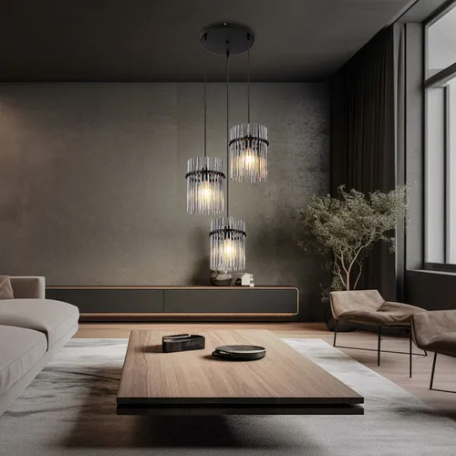 Elegante LED Hängeleuchte Pendellampe für Esszimmer und Wohnzimmer - Moderne Pendelleuchte aus Metall und rauchfarbenen Glasstäben, 3x 7W warmweiß, schafft eine stilvolle Atmosphäre in jedem Raum.
