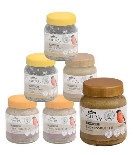 Dehner Natura Wildvogelfutter, Erdnussbutter und Rindertalg im Glas, verschiedene Sorten, 3 x 2 Stück (1.86 kg)
