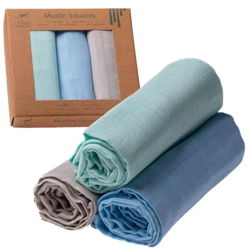 Urban Kanga Spucktücher Baby Mulltücher Musselin Tuch 70 X 70 cm Ökotex - 3er-Pack (Mint-blau-grau)