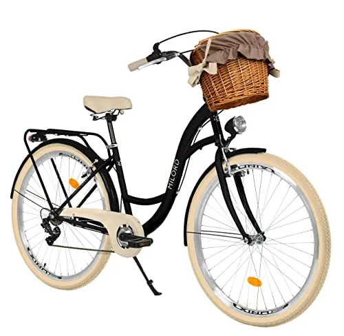 MILORD Damenfahrrad Citybike Komfort Mit Weidenkorb Hollandrad Vintage Fahrrad, 26, 28 Zoll, 7-Gang (Schwarz-Creme, 26 Zoll)
