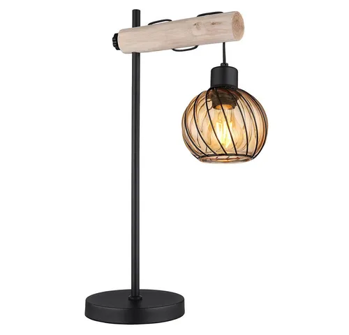 Tischleuchte mit Holzdetails, Schwarz Amber, 55 cm - Tischleuchte aus Metall und Glas mit rustikalem Design, individuell gestaltbar durch E27-Leuchtmittel. Perfekt für stilvolle Akzente in Ihrem Zuhause.
