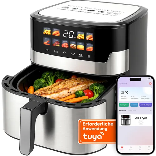 Heißluftfritteuse 6,5L mit Antihaftbeschichtung, Airfryer 2200W mit 10 Programmen, WiFi-Steuerung, Friteuse LCD Display, Kochen ohne Öl, Retoo - Schwarz