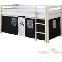 Homestyle4u Hochbett 90x200 Pirat mit Vorhang - Betten für Kinder, Platzsparendes Hochbett mit sicherer Absturzsicherung und abnehmbarem Piratenvorhang für kreativen Spielspaß.