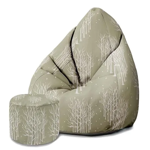 DreamRoots Sitzsack Erwachsene mit Füllung 80x80x120cm - Bean Bag Chair - Sitzsäcke mit Lehne und Hocker und Bezug - Sitzsack Sessel - Chill Sessel Velvet White Tree