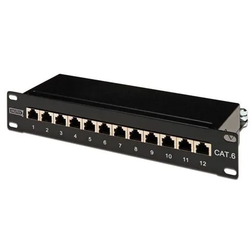 DIGITUS Cat-6 Patchpanel - 12 Ports RJ45, geschirmt für optimale Netzwerkstabilität, 10-Zoll Rack-Mount 1HE, ideal für professionelle Anwendungen