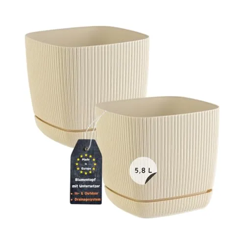 Engelland - 2 x Blumentopf mit Drainagesystem, Untersetzer, Farbe: Beige, Rillenoptik, Pflanz-Topf, Kübel, modern, Kunststoff, quadratisch, 21 x 21 cm, 5,8 Liter