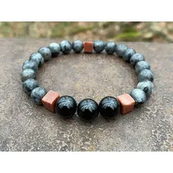 NAHLE Perlenarmband Naturstein Armband Larvikit Onyx (inklusive Geschenkbox), elastisches Stretch Armband grau 16cm