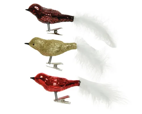 Kaemingk Christbaumschmuck, Christbaumschmuck Glas Vögel auf Clip 8cm 3er Set Gold / Rot Mix