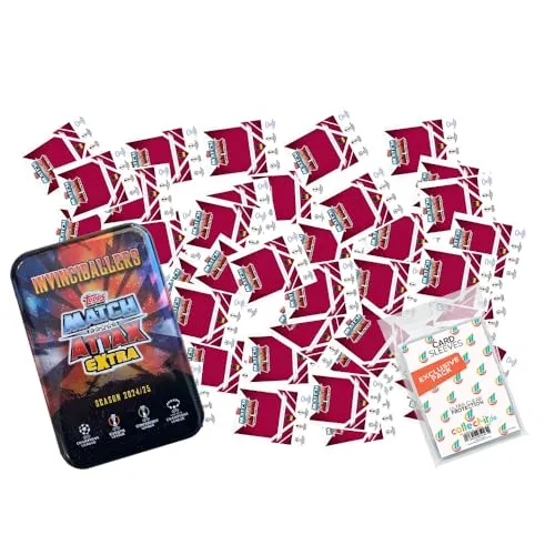 Bundle mit Match Attax Champions League 2024/25 EXTRA - Trading Cards - 50 Verschiedene, zufällige Karten + 1 Leere Tin Dose + Exklusive Collect-it Hüllen