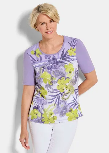 GOLDNER Shirtbluse Kurzgröße: Glanzshirt mit floralem Paisley-Muster Schlupfbluse mit Rundhals, Glitzersteinen und Halbarm