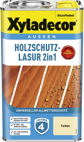 Xyladecor Holzschutzlasur 2,5 L farblos 2in1 - Farben & Lacke - Effektiver Schutz für Holz im Innen- und Außenbereich, kombiniert Pflege und Farbe in einem Produkt.