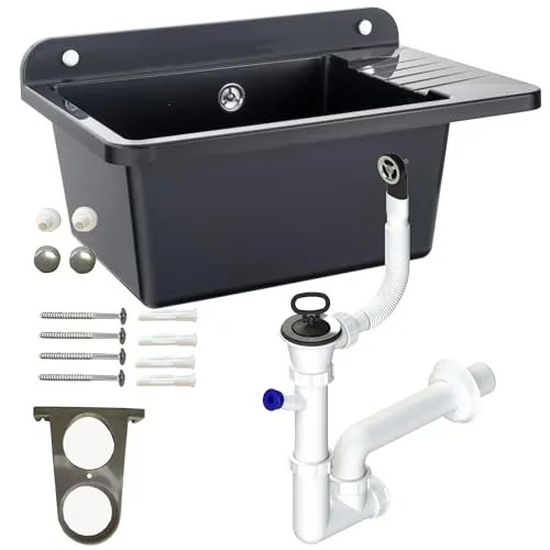Waschbecken mit Siphon - Robustes Ausgussbecken in Granit Schwarz - Ausgussbecken aus schlagfestem Polystyrol, ideal für Renovierungen. Leicht zu reinigen mit großer Kapazität, perfekt für das Waschen großer Gegenstände und vielseitige Anwendungen.