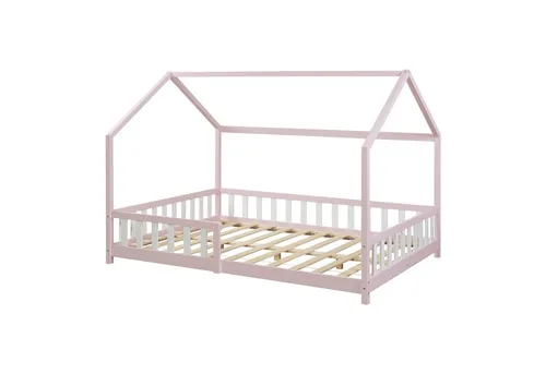 [en.casa] Kinderbett Hesel Hausbett Rosa 120 x 200 cm - Kleinkindbett mit charmantem Hausdesign und Rausfallschutz für sicheren Schlaf. Robuste Bauweise aus Kiefernholz, ideal für kreative Kinderzimmer.