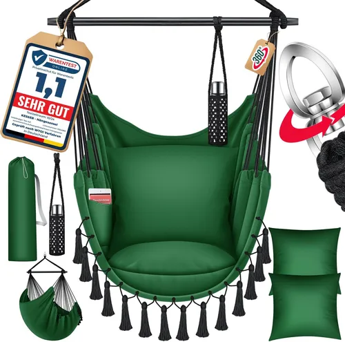 KESSER Hängesessel mit Kissen und Getränkehalter, grün - Hängesessel für drinnen und draußen, mit praktischem Bücherfach und einer Belastbarkeit von bis zu 150 kg – ideal für entspannte Stunden im Garten oder Wohnzimmer.