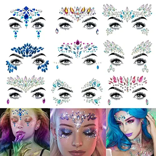 Amaza 9Pcs Gesicht Edelsteine,Glitzer Gesicht, Schmucksteine Selbstklebend Gesicht, Glitzersteine Gesicht Glitzersteine Selbstklebend for Festival Makeup (9pcs Gesicht Edelsteine)