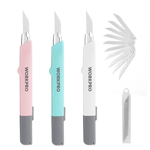 WORKPRO 3 Stück Cuttermesser Set 9mm, Cuttermesser profi mit 10 Abbrechklingen, Einziehbarer Universalmesser Teppichmesser, Perfektes Messer für Büro und Haushalt, Dreifarbiges Set