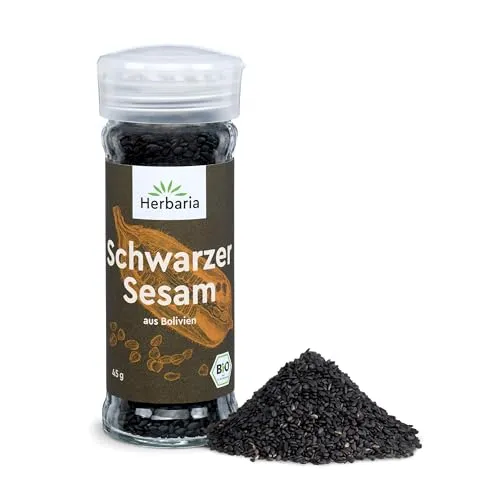 Herbaria Schwarzer Sesam bio 45g Streuer – Bio schwarzer Sesam ganze Samen – Bio-Gewürz für asiatische und orientalische Gerichte – Premium Bio-Qualität - im praktischen Glas-Gewürzstreuer