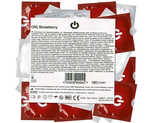 ON Condoms Kondome Strawberry Beutel mit, 50 St., rote Kondome mit Erdbeeraroma, Maxipack