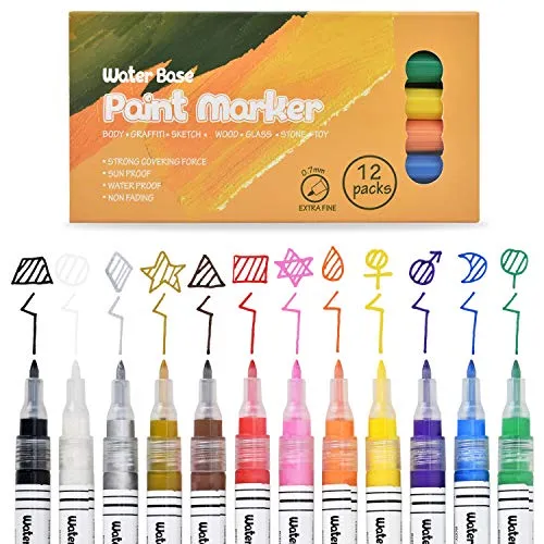 Wasserfeste Acrylstifte mit 0,7mm Spitze, Acrylstift Set für Steine Bemalen, 12 Farben Wasserfest Stifte Acrylmarker für Steine Scrapbooking Fotoalbum Hochzeit Gästebuch Holz Ostern Basteln Leinwand