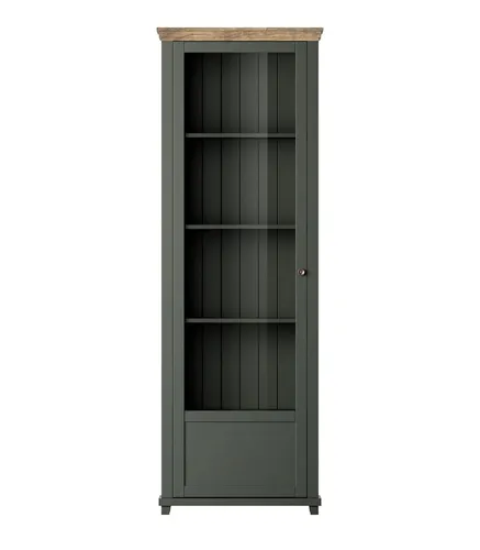 Standvitrine Elda 71x42x200cm in Grün/Eiche Lefkas - Elegante 1-türige Glasvitrine im Landhausstil, ideal für Esszimmer oder Wohnzimmer. Mit Einlegeböden und Glasfront für stilvolle Präsentation Ihrer Lieblingsstücke.