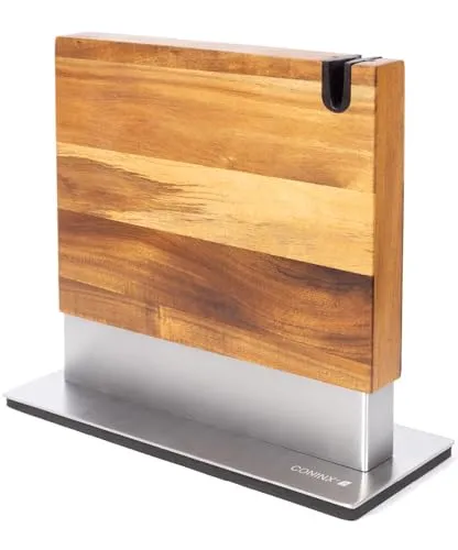 Coninx Magnetischer Messerblock mit integriertem Schärfer – Zweiseitiger Messerhalter aus Akazienholz – Universeller Messerständer mit rutschfester Basis für die Küchenarbeitsplatte