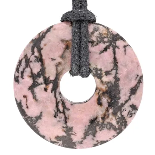 Lebensquelle Plus Edelstein Donut Ø 30 mm + Baumwollband + Edelsteinkarte | Naturstein Anhänger Halskette | Echte Heilsteinkette inkl. Band (Rhodonit)