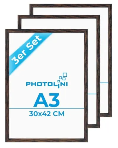 PHOTOLINI Bilderrahmen 3er Set aus stabilen MDF-Holz - Stilvolle MDF-Bilderrahmen in Eiche Dunkel, ideal für Poster und Fotos. Mit schlichter Optik setzen sie Ihre Bilder perfekt in Szene. Inklusive Aufhängematerial für einfache Montage.